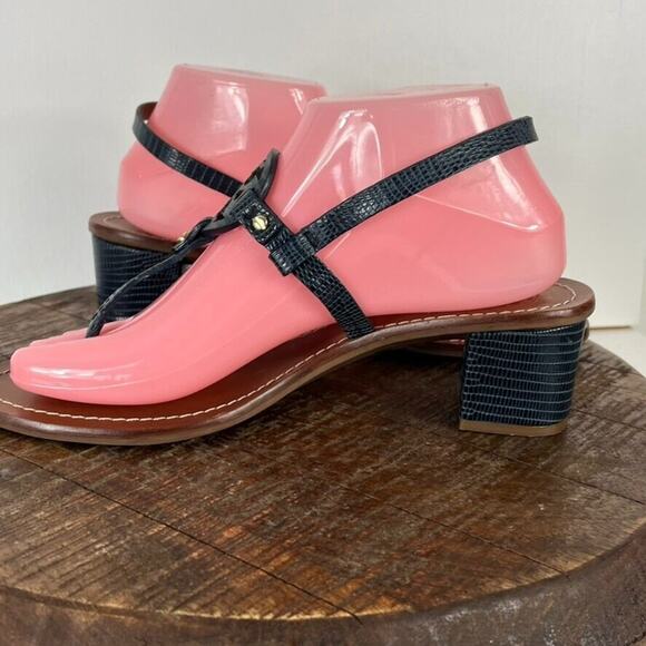 Tory Burch Sandal Women 8 Blue Mini Miller Leather Lizard-Print Thong Block Heel - Picture 5 of 10